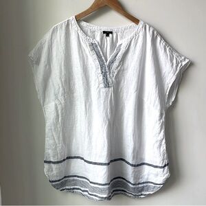 Talbots White Linen w/blue stripe Top Breathable Split Neck Popover Size 2X